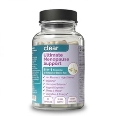 Clear Probiotics menopause bottle with capsules for daily balance.