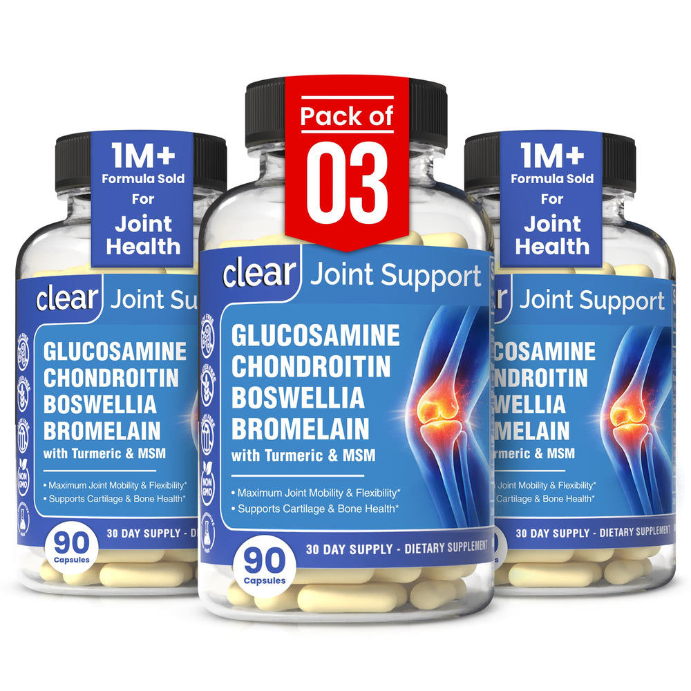Clear Probiotics glucosamine-chondroitin-msm-turmeric-boswellia bottle supports joint comfort and mobility.