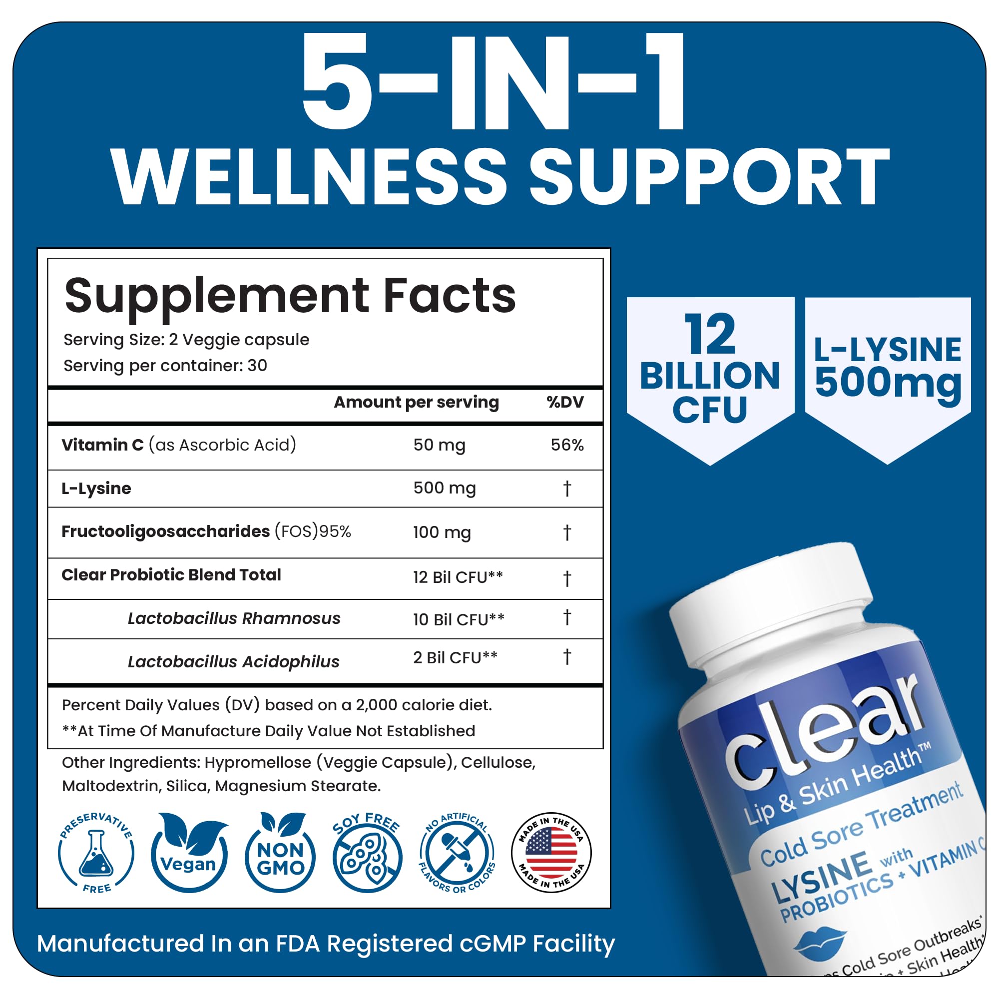 Clear Probiotics Lysine capsules beside fresh fruit for daily wellness