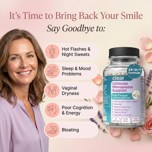 Close-up of Clear Probiotics menopause capsules for hormonal support.