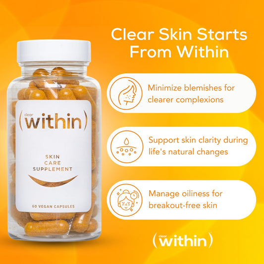 Clear Within Clear Skin Vitamin bottle back lists ingredients and usage for clarity