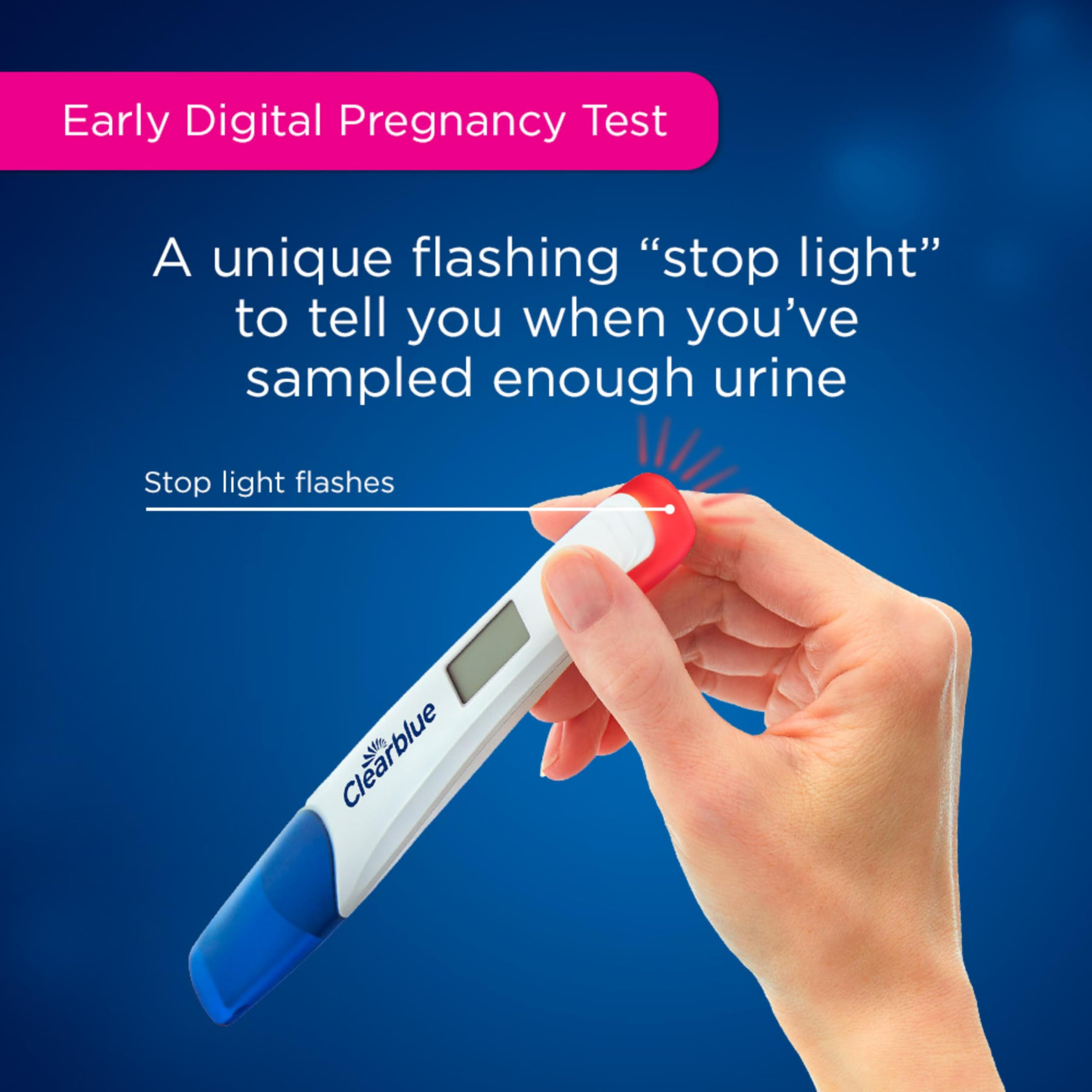 Clearblue test with extra-wide tip enabling simple urine sampling from the stream