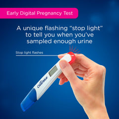 Clearblue test with extra-wide tip enabling simple urine sampling from the stream