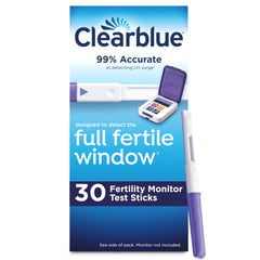 Clearblue test sticks pack for tracking LH and estrogen data to identify fertile days.