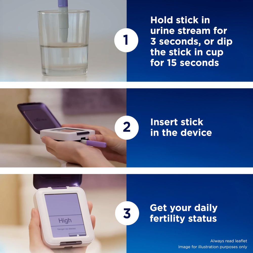Test sticks confirm LH surge with estrogen data for broader fertility insights.