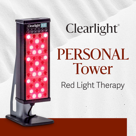 Clearlight Personal Tower in use for near-infrared therapy targeting sore areas.