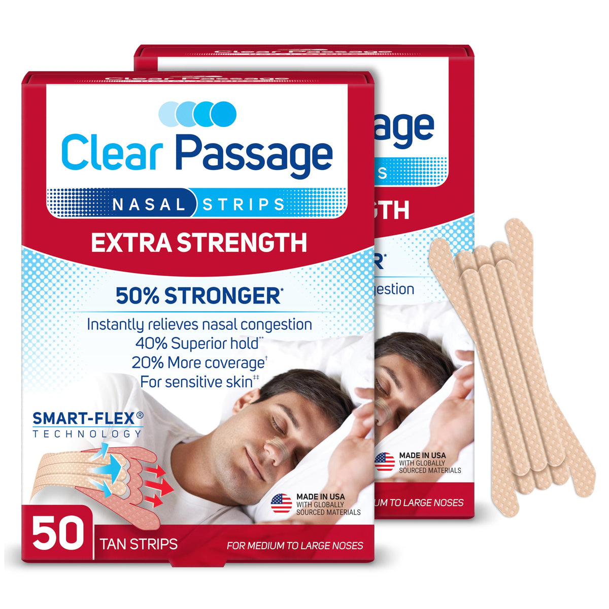 Clear Passage Extra Strength tan nasal strips packaging shown for instant opening at night