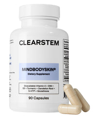 CLEARSTEM MindBodySkin bottle and capsules for hormone balance and potential clearer skin.