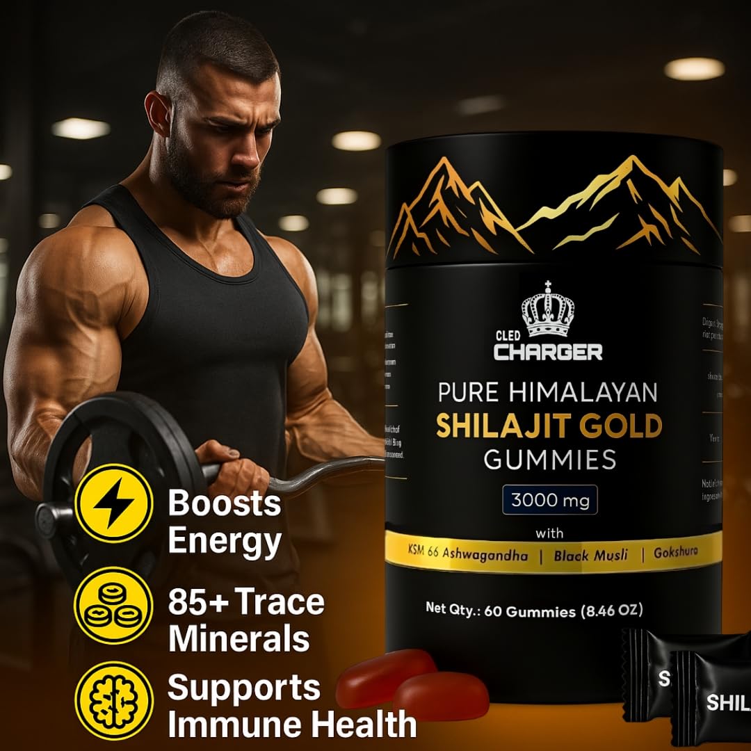 Cled Charger Shilajit Gummies packaging shows convenient, non-GMO wellness.