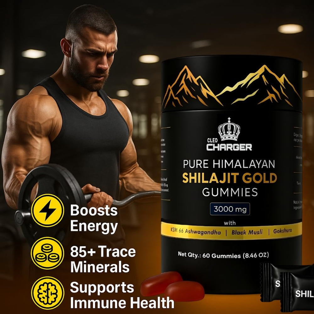 Cled Charger Shilajit Gummies packaging shows convenient, non-GMO wellness.
