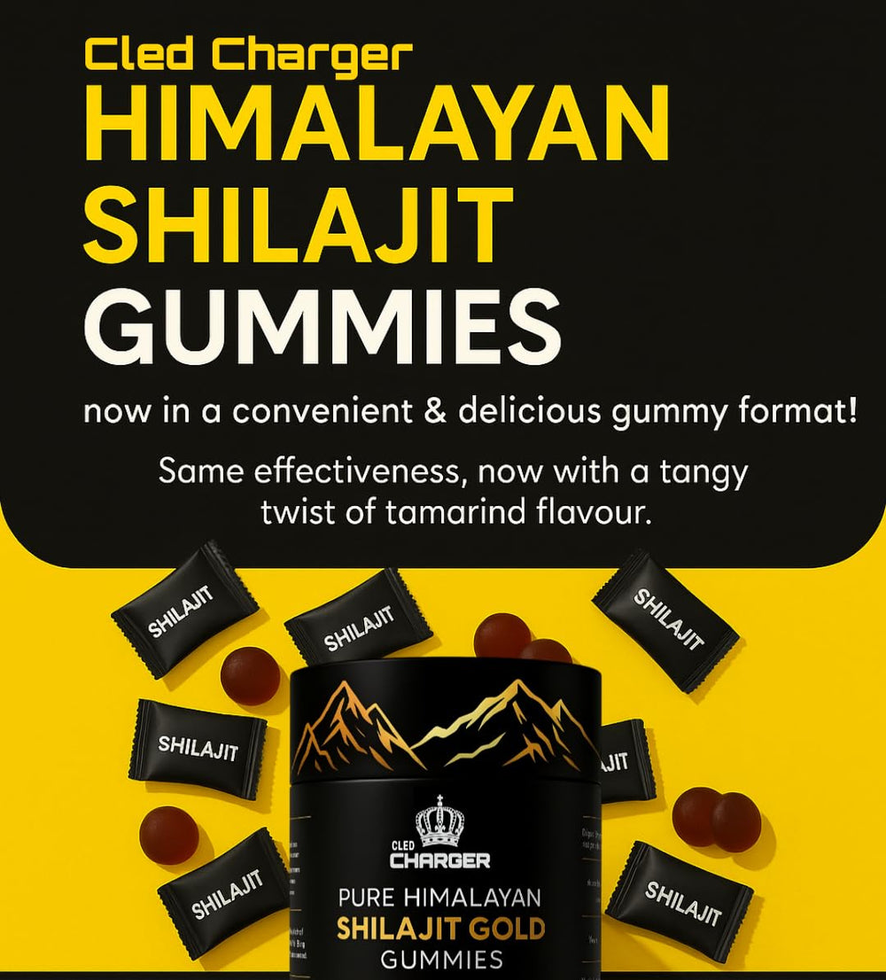 Cled Charger Shilajit Gummies beside minerals graphic highlights fulvic acid benefits.
