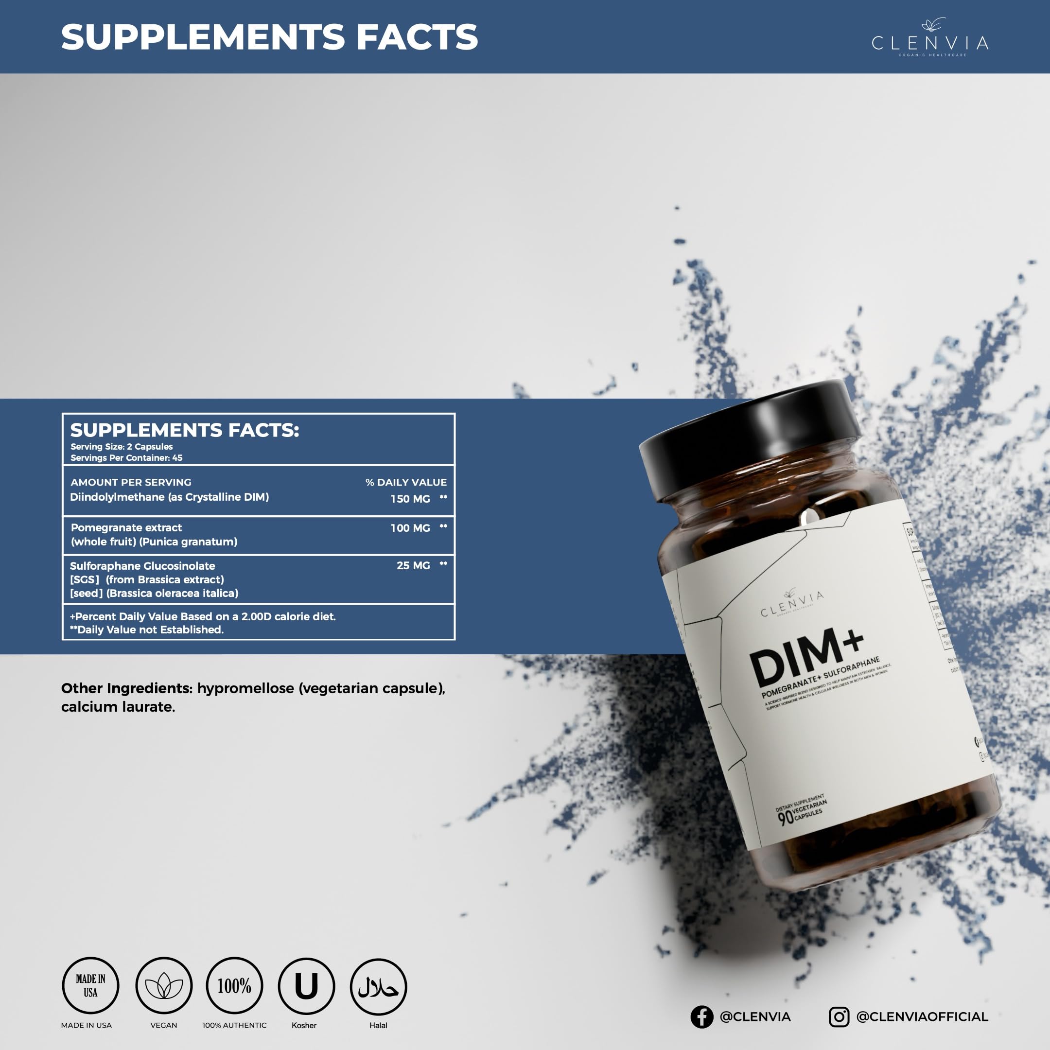 CLENVIA DIM label close-up — clean-label DIM with pomegranate and sulforaphane