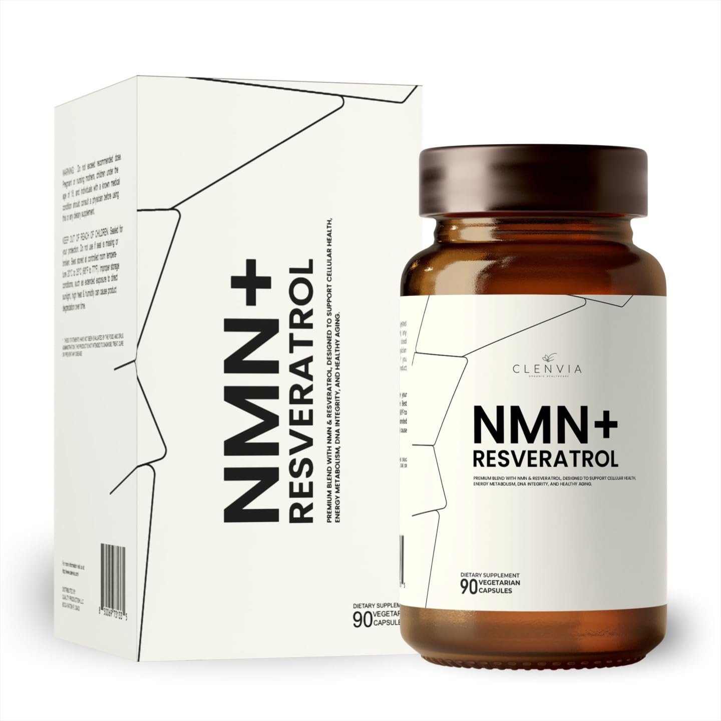 CLENVIA NMN + Resveratrol bottle and capsules for daily energy support.