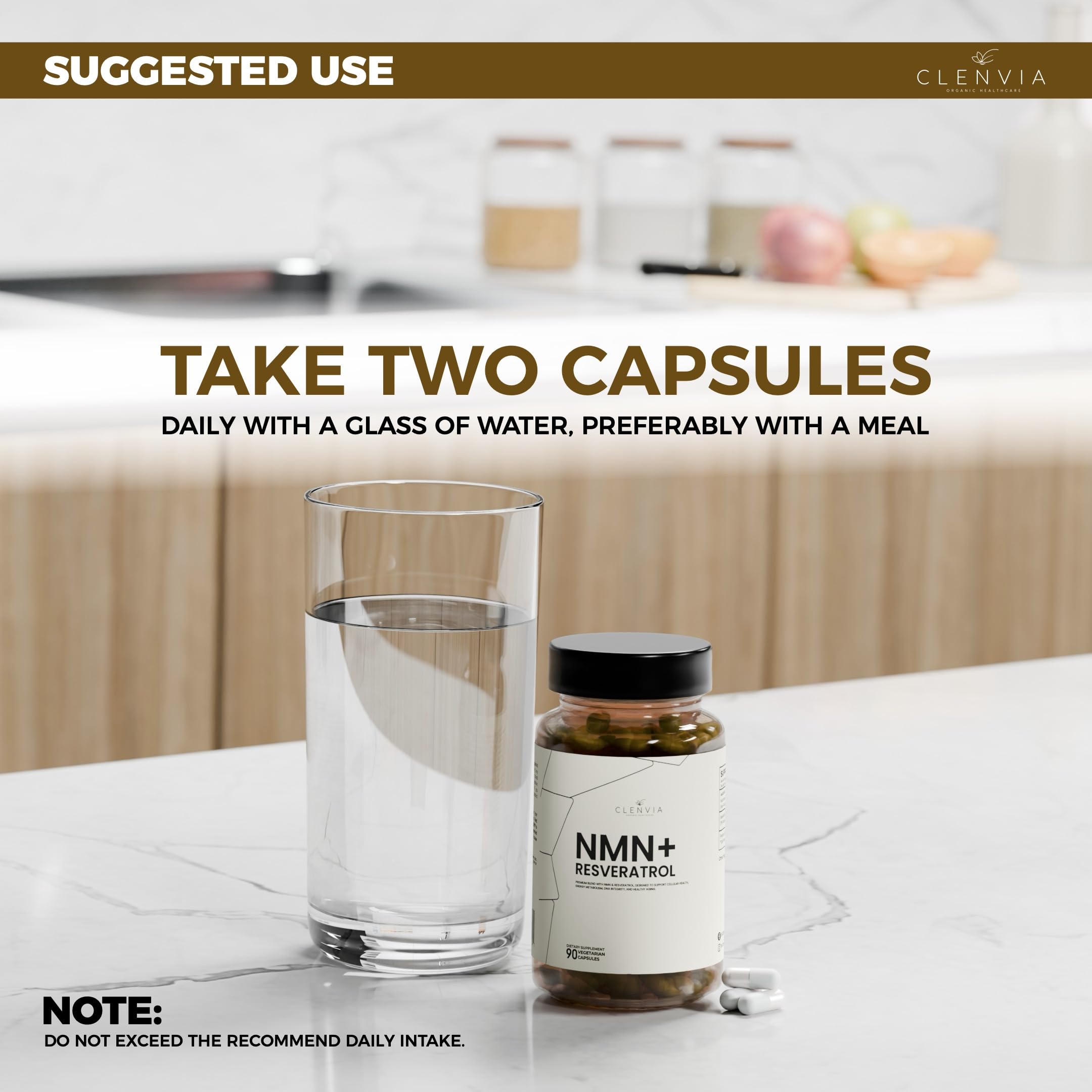 Close-up of CLENVIA vegan capsules showing NMN and Resveratrol ingredients.
