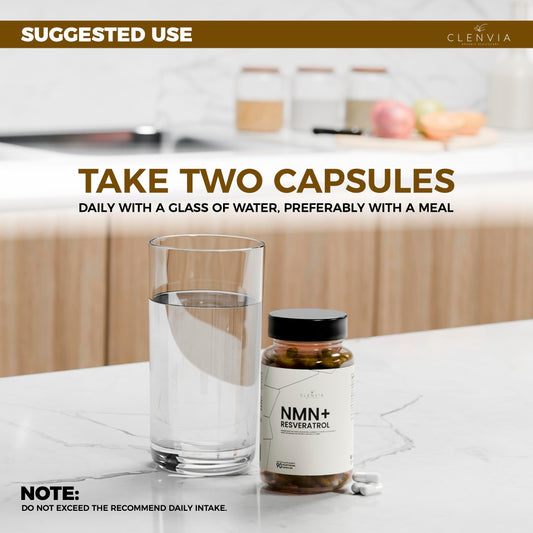 Close-up of CLENVIA vegan capsules showing NMN and Resveratrol ingredients.