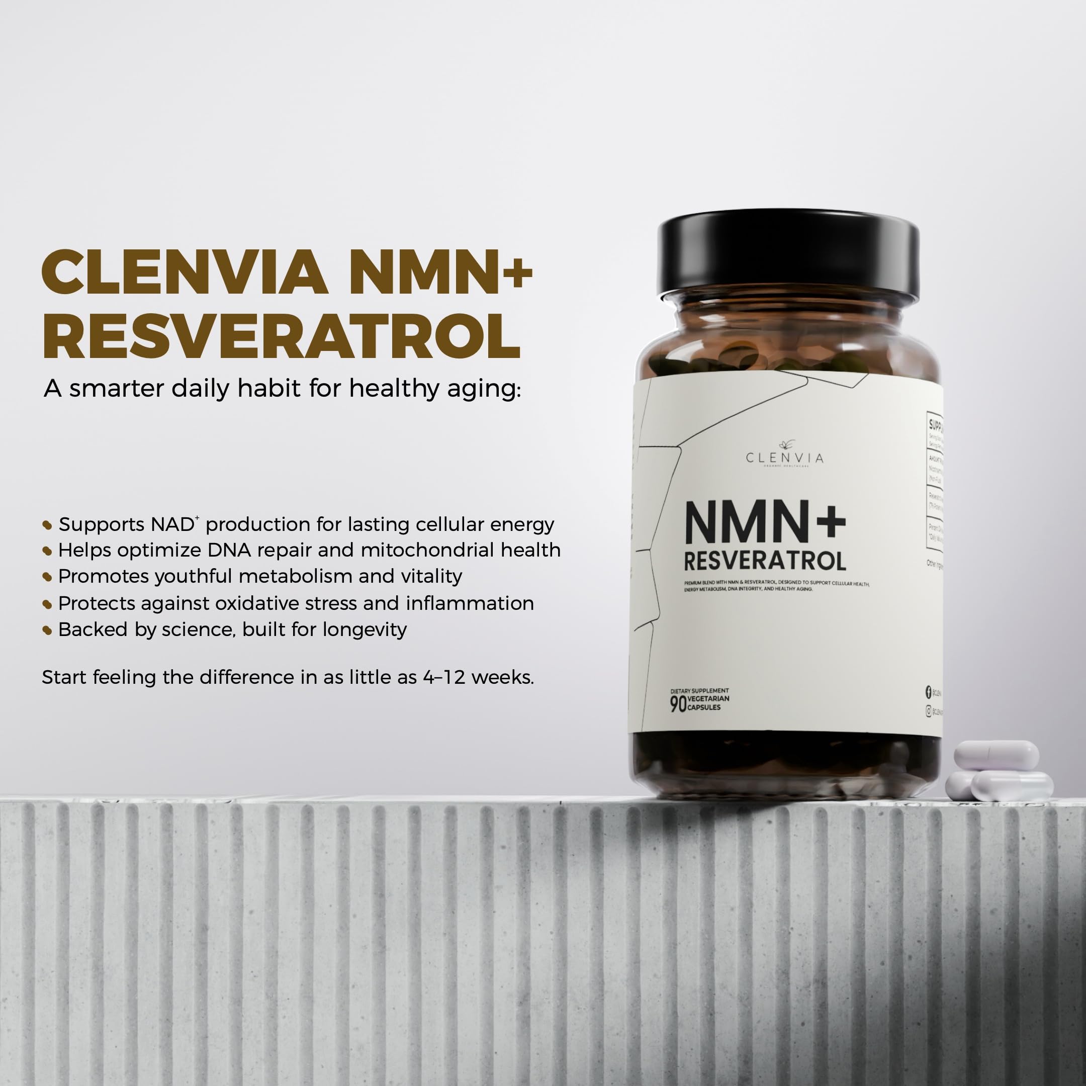CLENVIA USA-made facility badge on NMN + Resveratrol product.