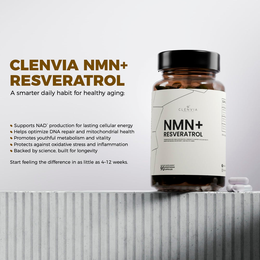 CLENVIA USA-made facility badge on NMN + Resveratrol product.
