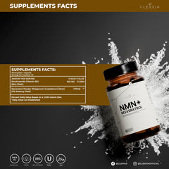 CLENVIA NMN + Resveratrol label highlighting purity and testing.