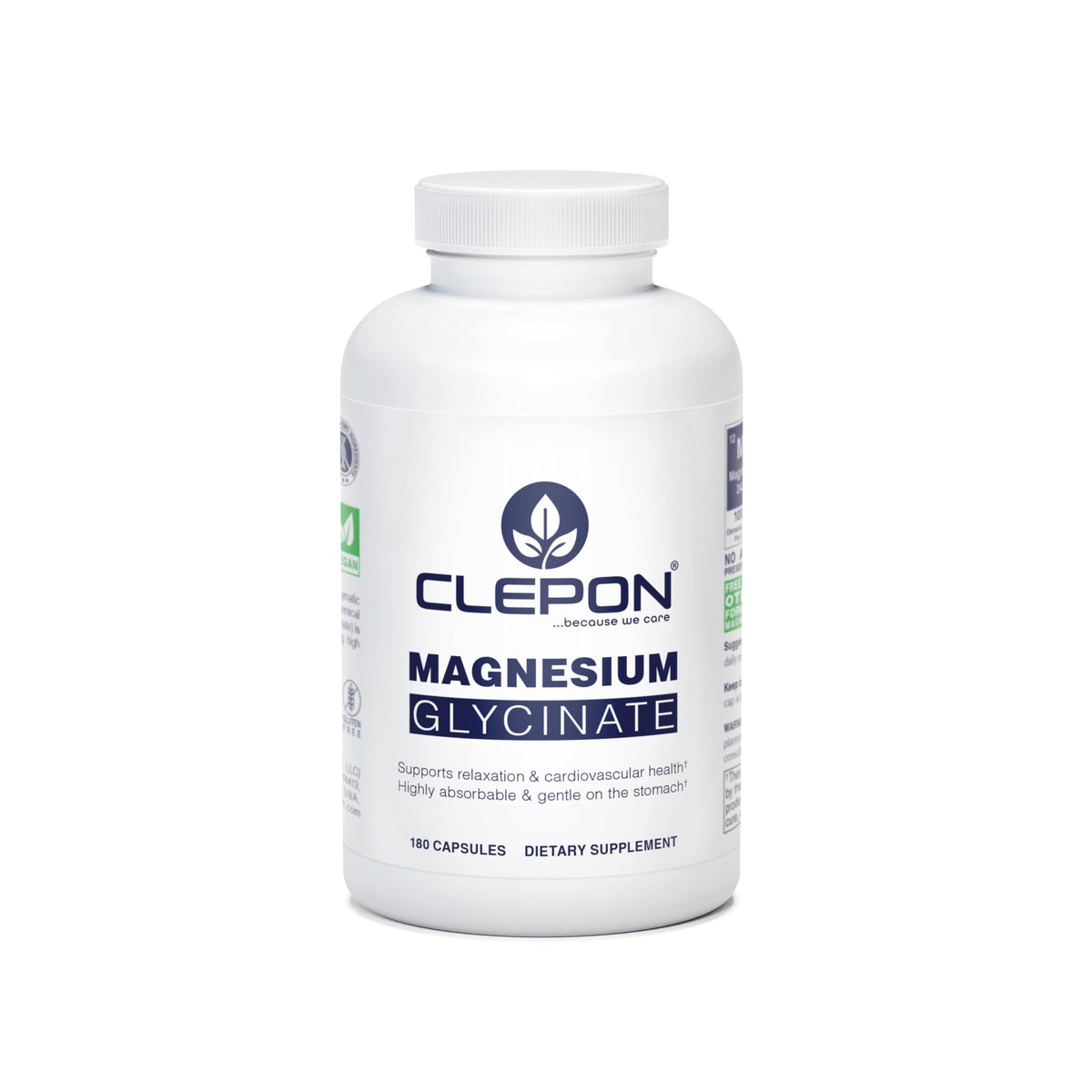 CLEPON Magnesium Glycinate bottle shown for daily relaxation support.