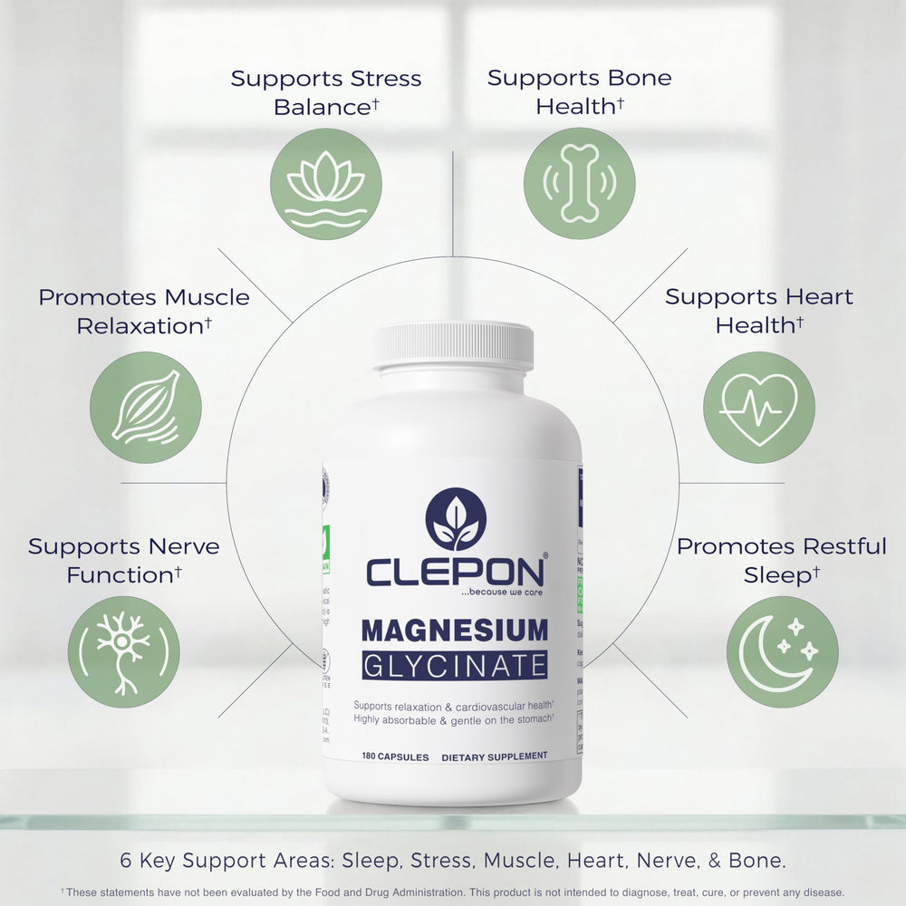 CLEPON Magnesium Glycinate capsules highlight gentle, high-absorption formula.