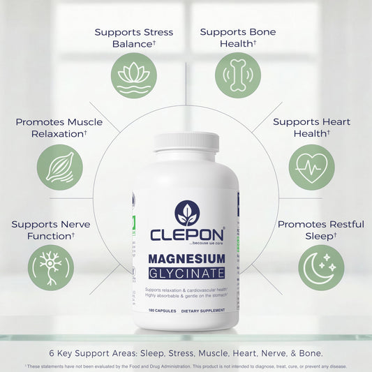 CLEPON Magnesium Glycinate capsules highlight gentle, high-absorption formula.