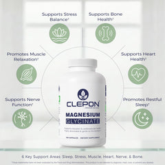 CLEPON Magnesium Glycinate capsules highlight gentle, high-absorption formula.