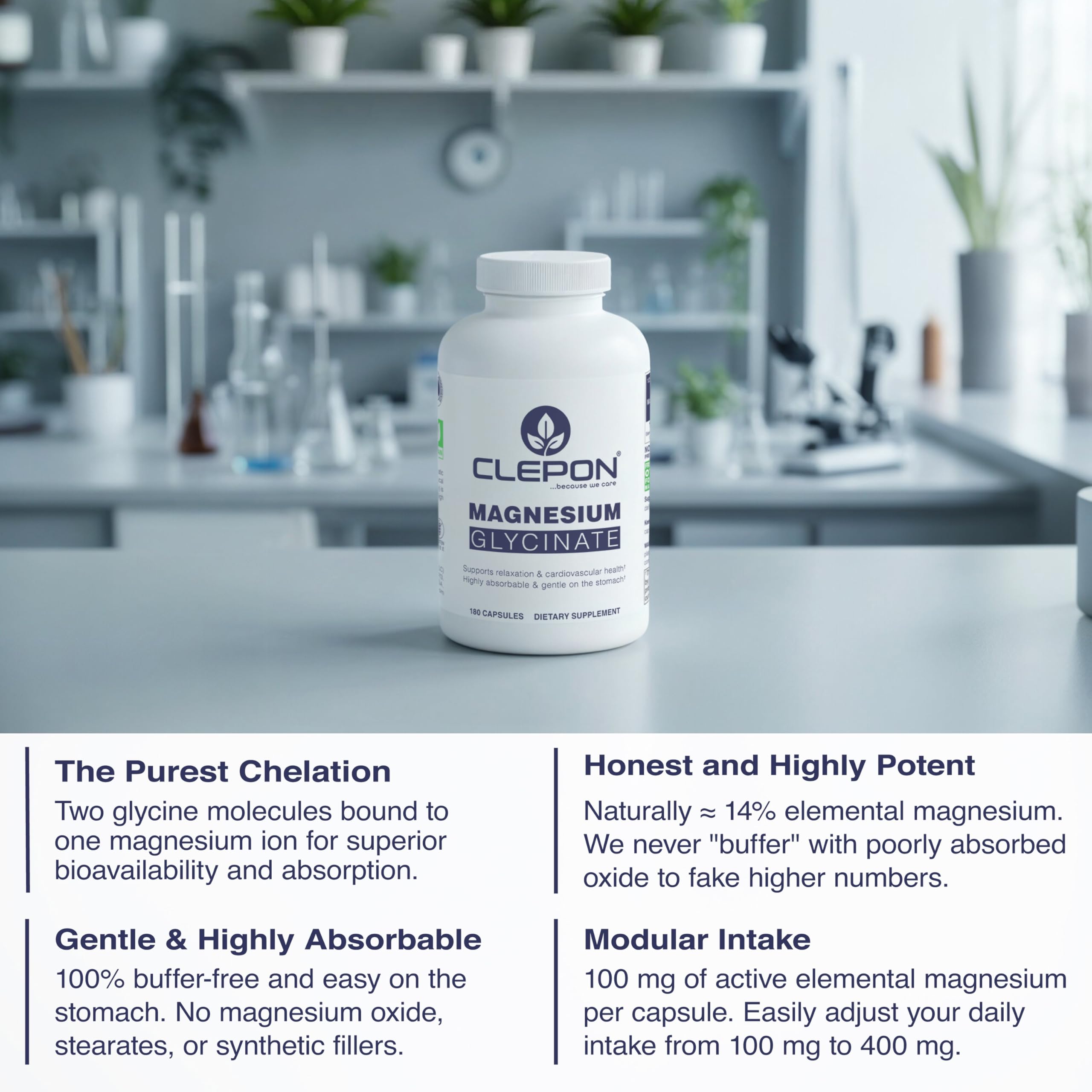 CLEPON Magnesium Glycinate daily dosage guide on packaging.