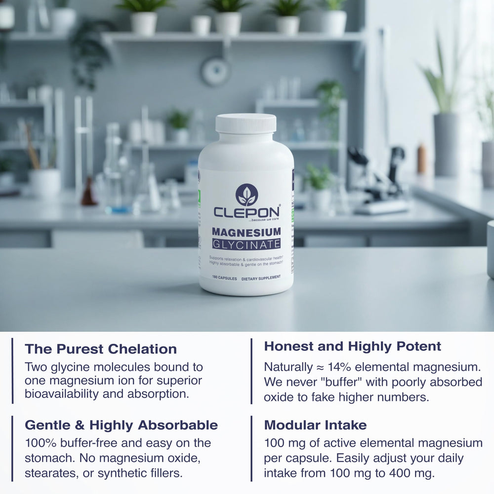 CLEPON Magnesium Glycinate daily dosage guide on packaging.