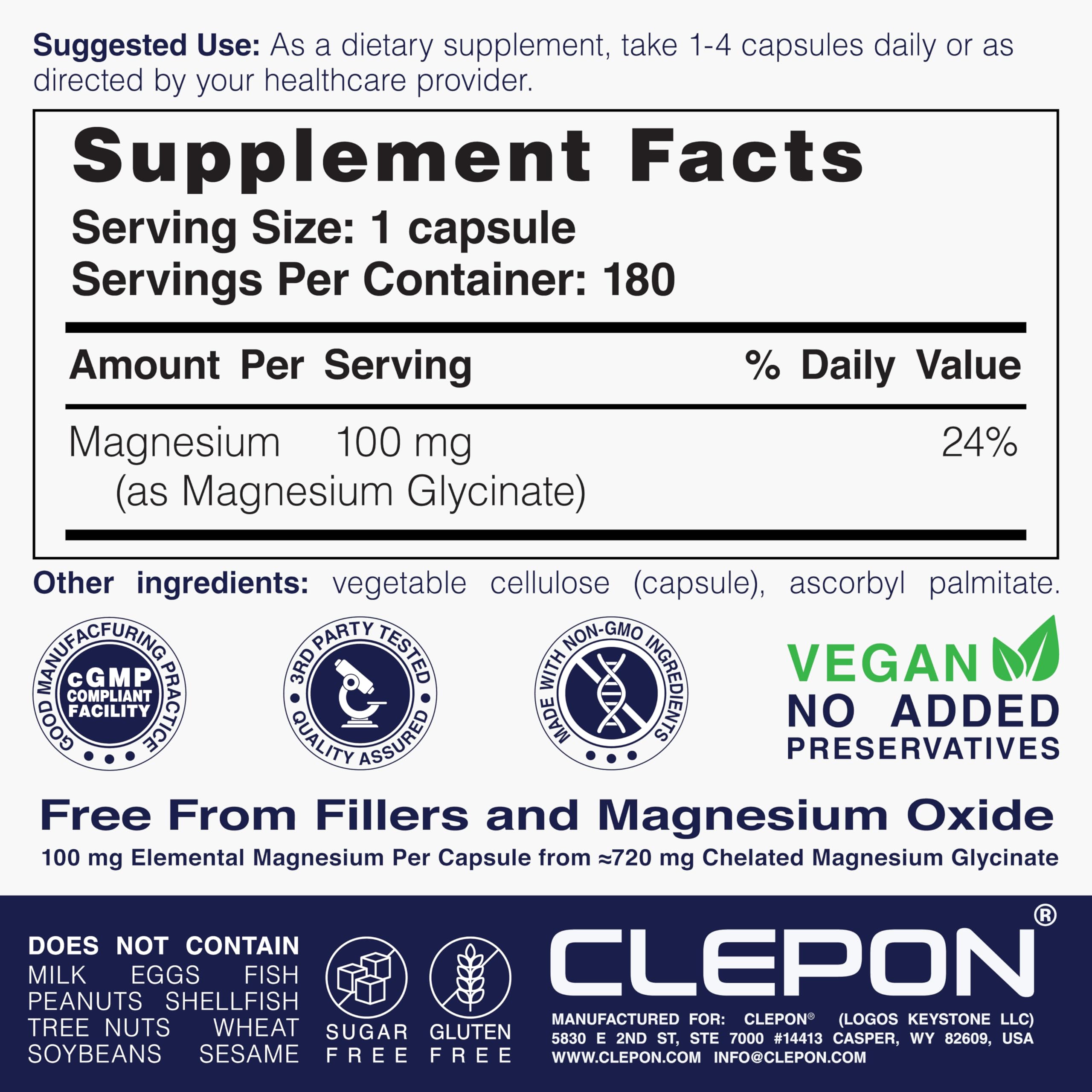 CLEPON Magnesium Glycinate label close-up showing dosage and ingredients.