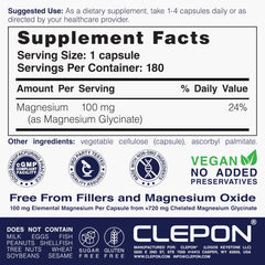CLEPON Magnesium Glycinate label close-up showing dosage and ingredients.