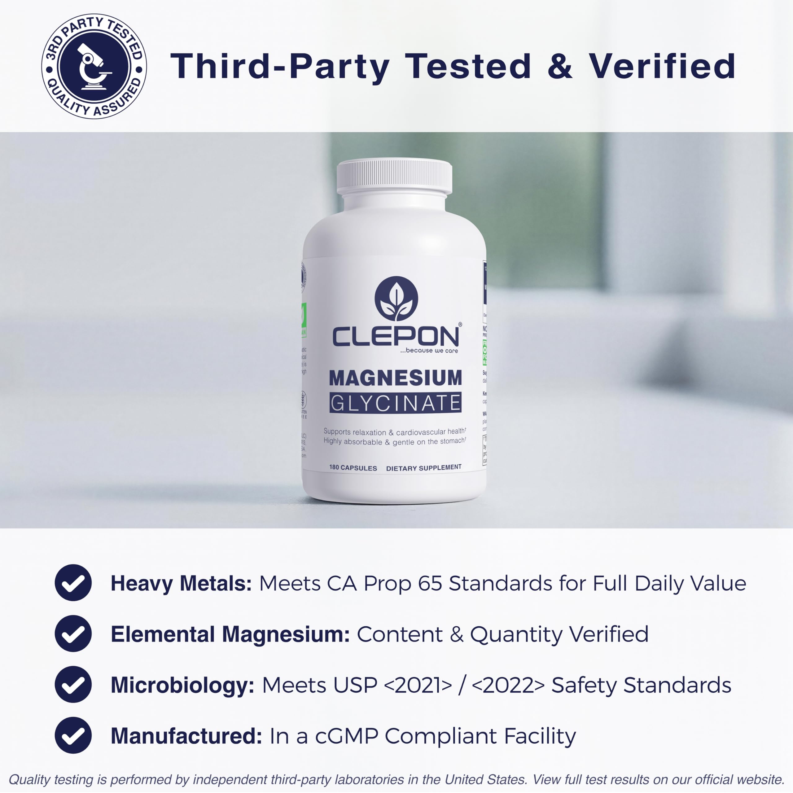 CLEPON Magnesium Glycinate third-party testing seal signals safety.