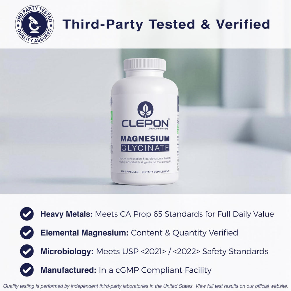 CLEPON Magnesium Glycinate third-party testing seal signals safety.