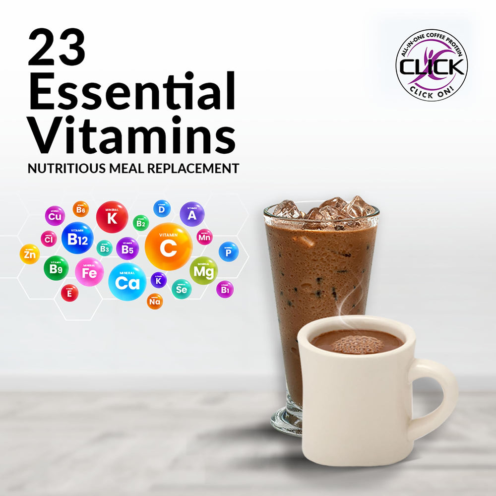 Click Coffee Protein 16g per serving supports muscle recovery and satiety.
