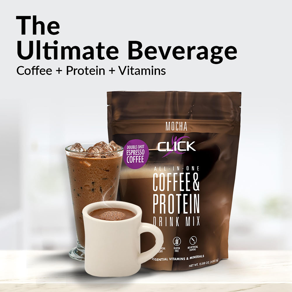 Click Coffee Protein mocha flavor served in a glass for lasting flavor and fullness.