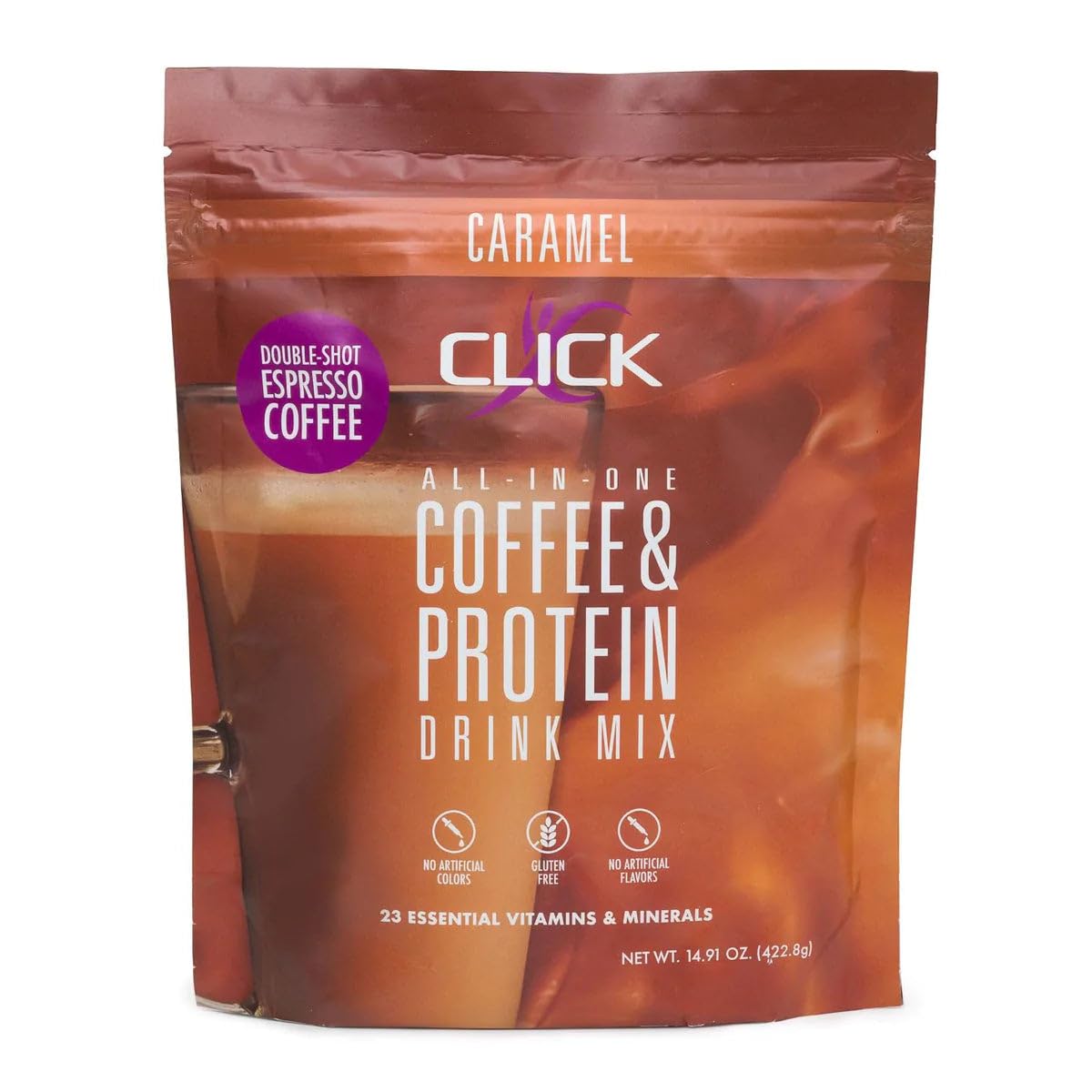 Click Coffee Protein Powder bottle with double espresso for steady energy and fullness.