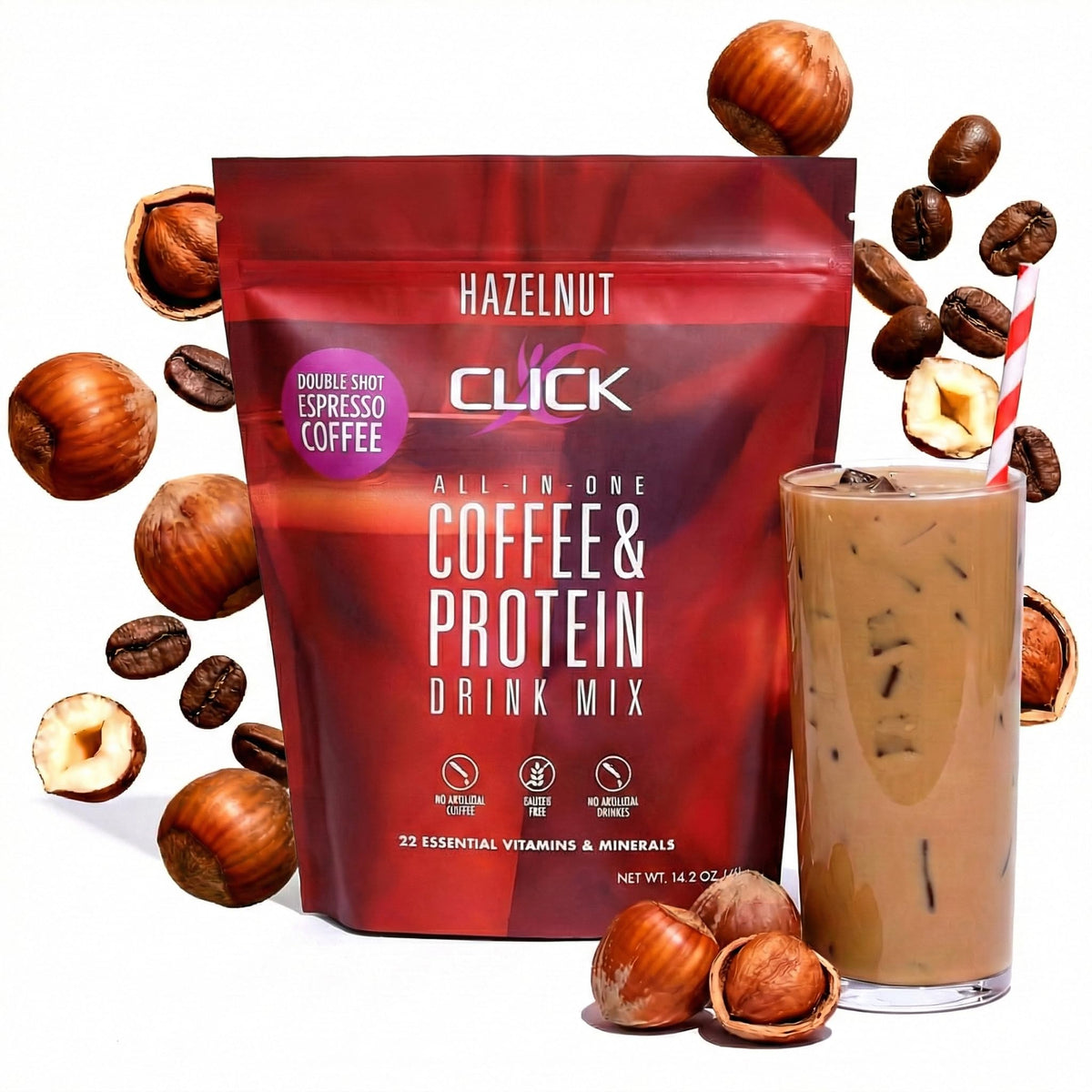 Click Coffee Protein Powder bottle showcasing protein-rich nutrition for busy mornings.