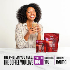 Glass of Click shake showing 16g protein and 23 vitamins for daily nutrition.