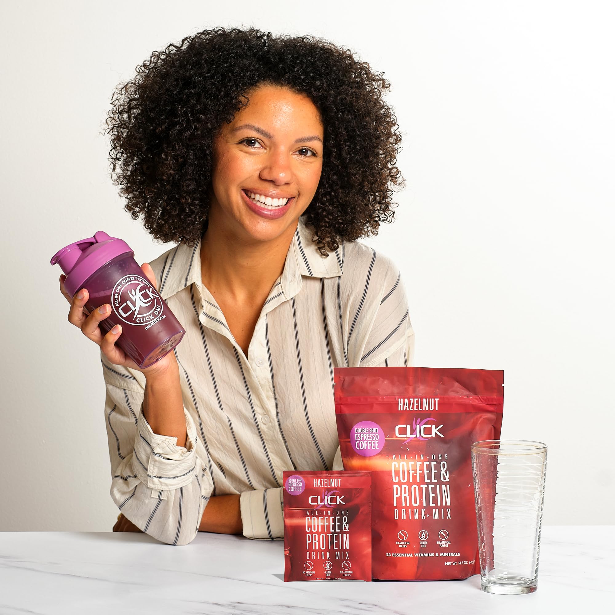 Blended Click Coffee Protein Shake with hazelnut flavor and creamy texture.