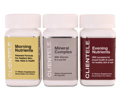 Clientele Daily Nutrient Supplements bottle close-up highlighting a complete multivitamin complex for daily wellness.
