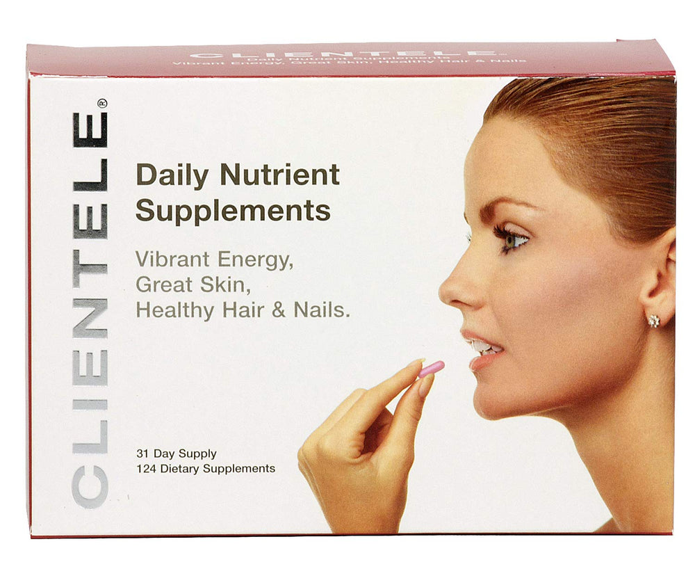 Clientele Daily Nutrient Supplements evening-dose scene supporting late-day nutrition and recovery.