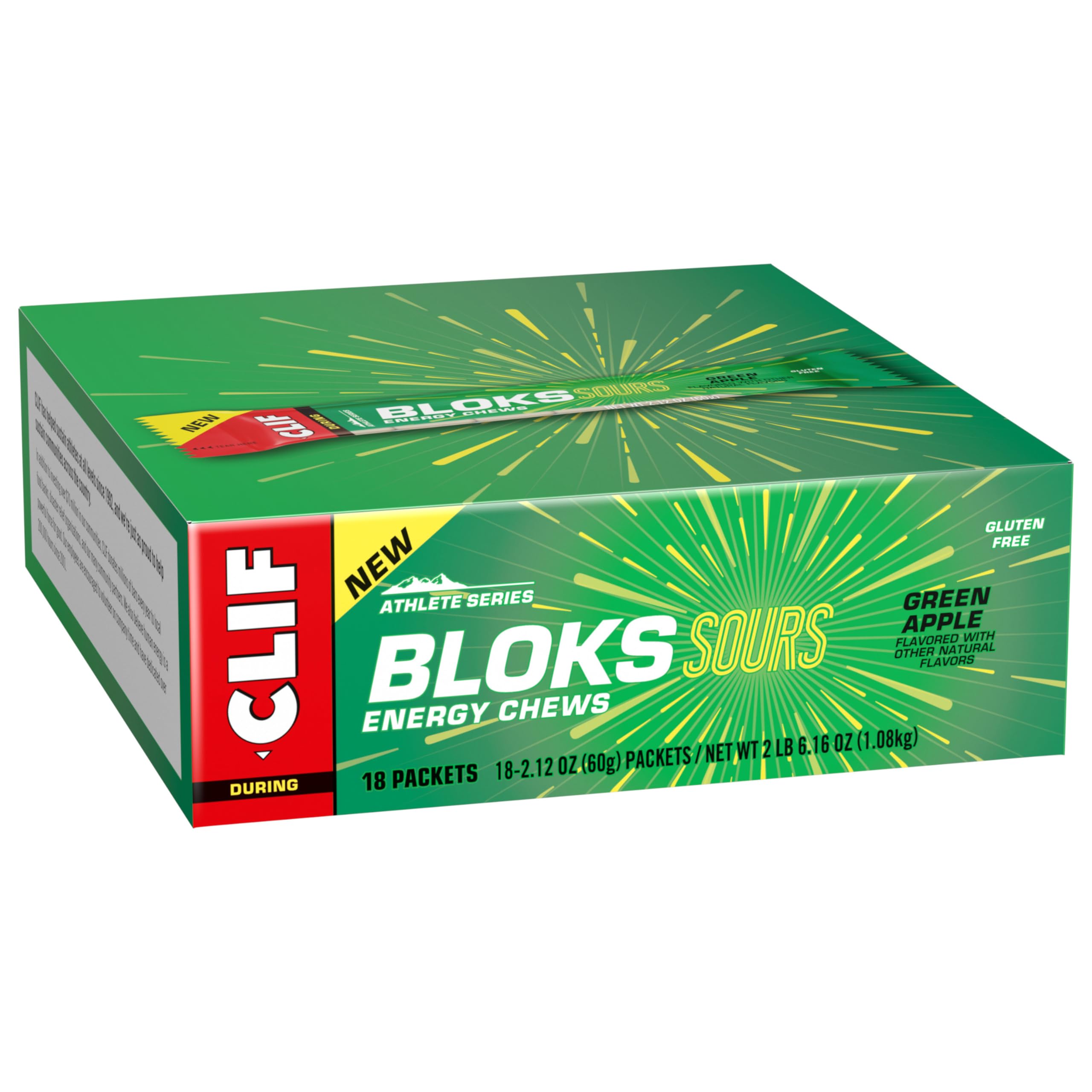 Nutrition label highlights carbs and electrolytes in Clif Bloks Sours Green Apple.