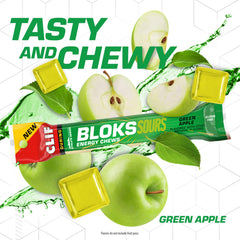 Serving plate shows quick carbs and electrolytes from Clif Bloks Sours Green Apple.