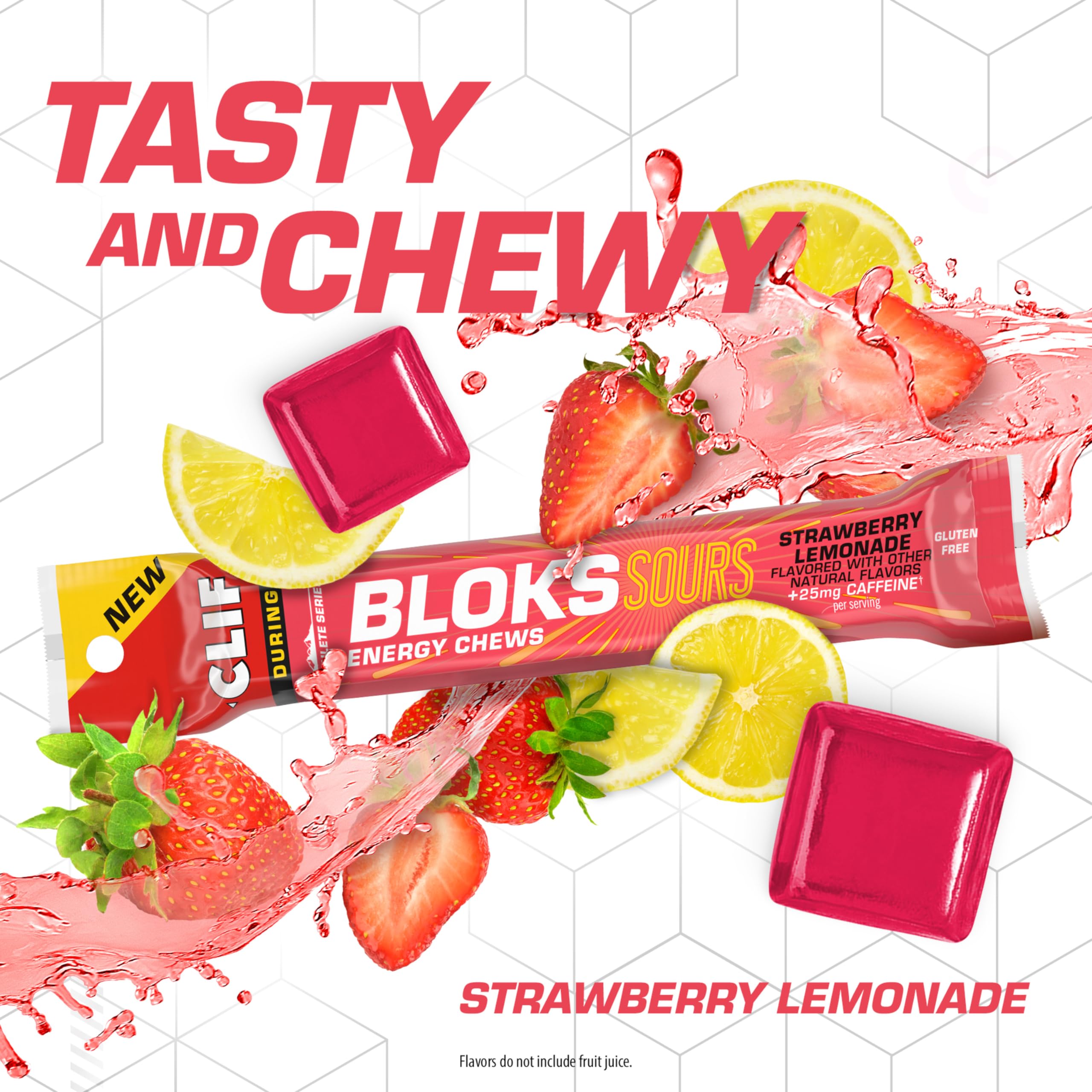 Open package shot of Clif Bloks Sours Strawberry Lemonade showing chewy texture