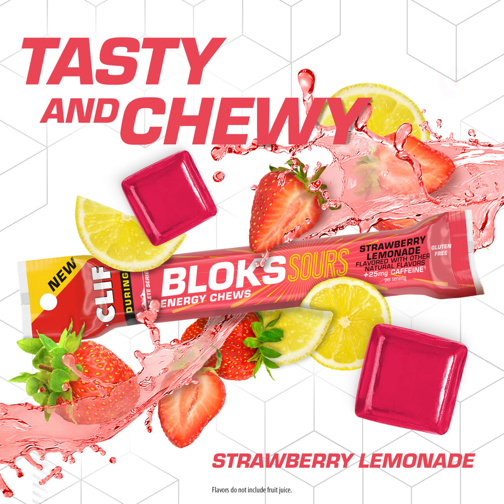Open package shot of Clif Bloks Sours Strawberry Lemonade showing chewy texture