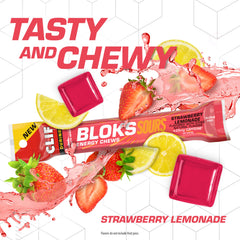 Open package shot of Clif Bloks Sours Strawberry Lemonade showing chewy texture