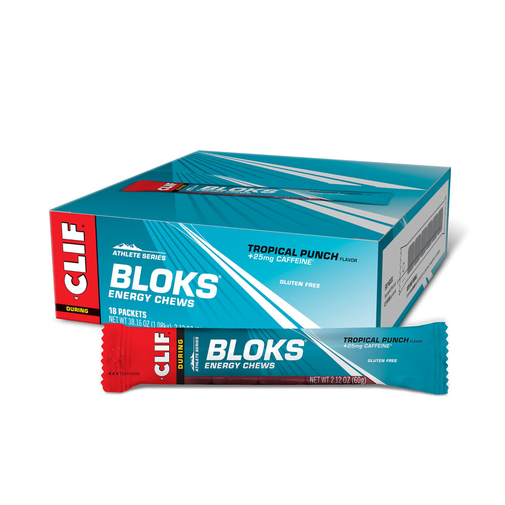 CLIF BLOKS Tropical Punch with caffeine – close-up of energy chews for workouts.