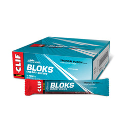 CLIF BLOKS Tropical Punch with caffeine – close-up of energy chews for workouts.