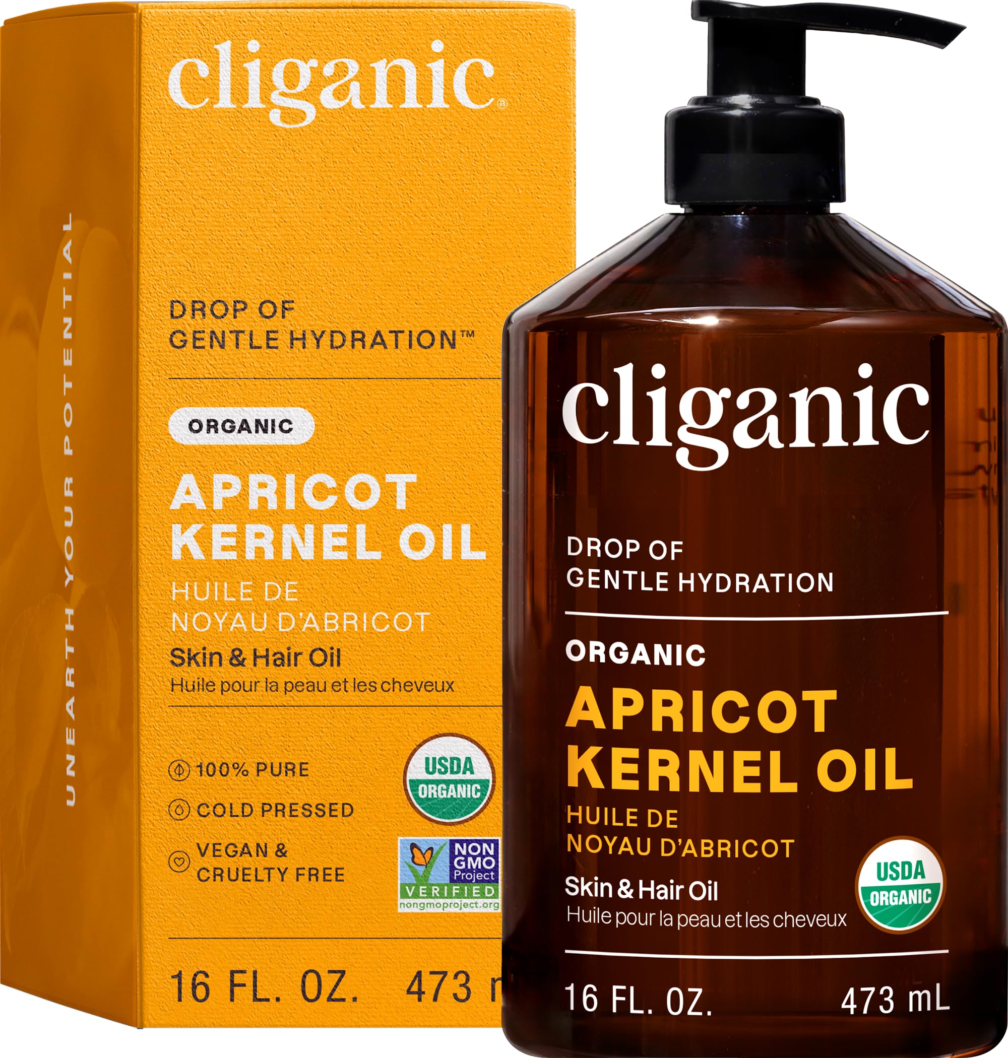 Cliganic Apricot Oil bottle shows pure formula for skin hydration.