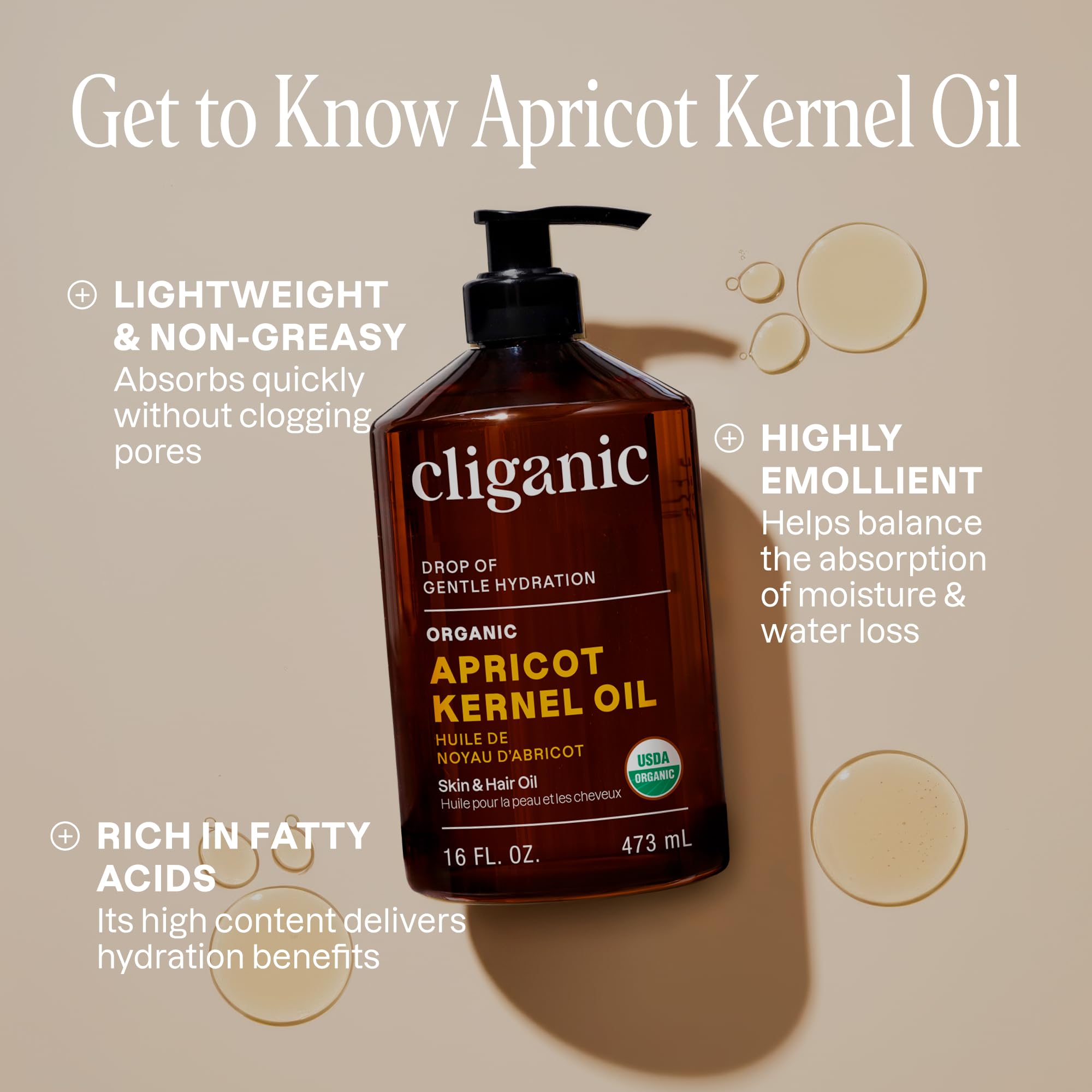 Cliganic Apricot Oil label confirms USDA Organic purity for skin care.