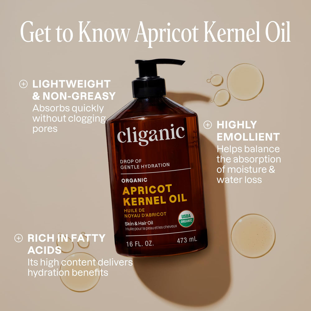 Cliganic Apricot Oil label confirms USDA Organic purity for skin care.